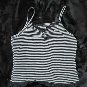 black and grey stripped, cropped tank top with lace trim